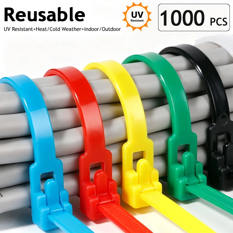 Mixed Colours Black Nylon Ties Cable UV Resistant Cable Ties Reusable Removable Recyclable Lock Loop Cable Ties 100/300/1000PCS