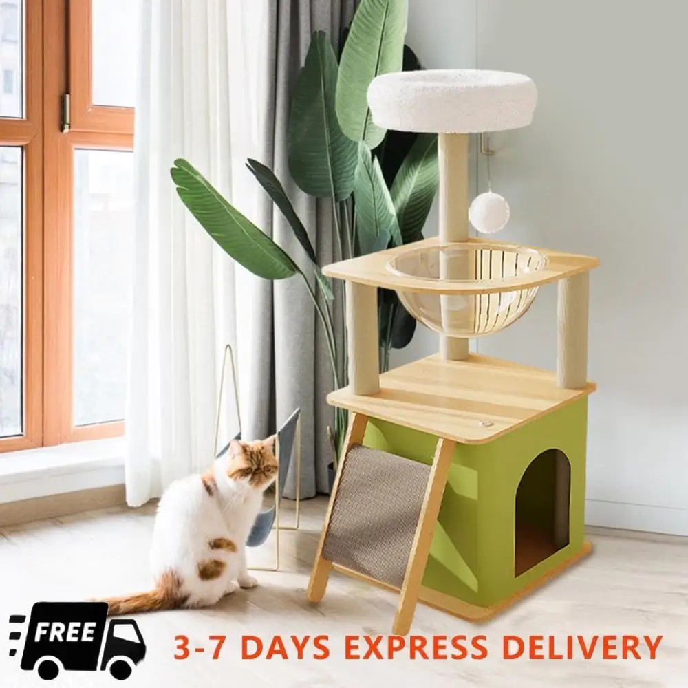 

Зеленое кошачье дерево с плюшевой платформой для прыжков, подвесной шар, многослойные башни для кошек, когтеточки для кошек для домашних кошек, большие взрослые