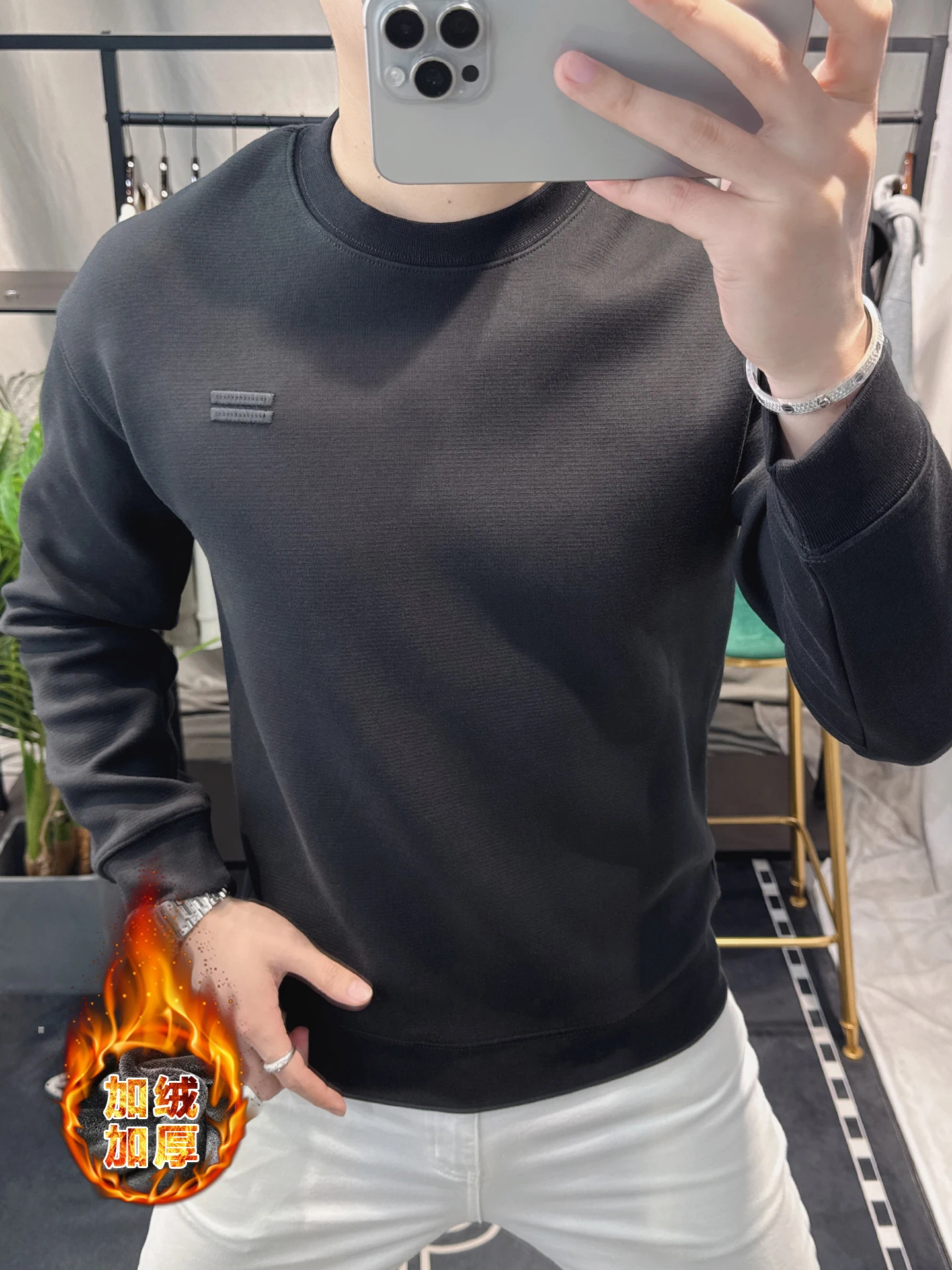 

Утепленная флисовая толстовка с круглым вырезом для мужчин, теплый пуловер из смесового хлопка и полиэстера, с длинными рукавами, не мнется, эластичный, молодежный стиль