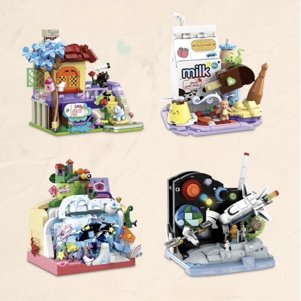 

MOC Adventure Pen Holder Universe Blue Dream Building Blocks Set Astronaut Snack Shop House Decor Toys For Birthday Holiday Gift