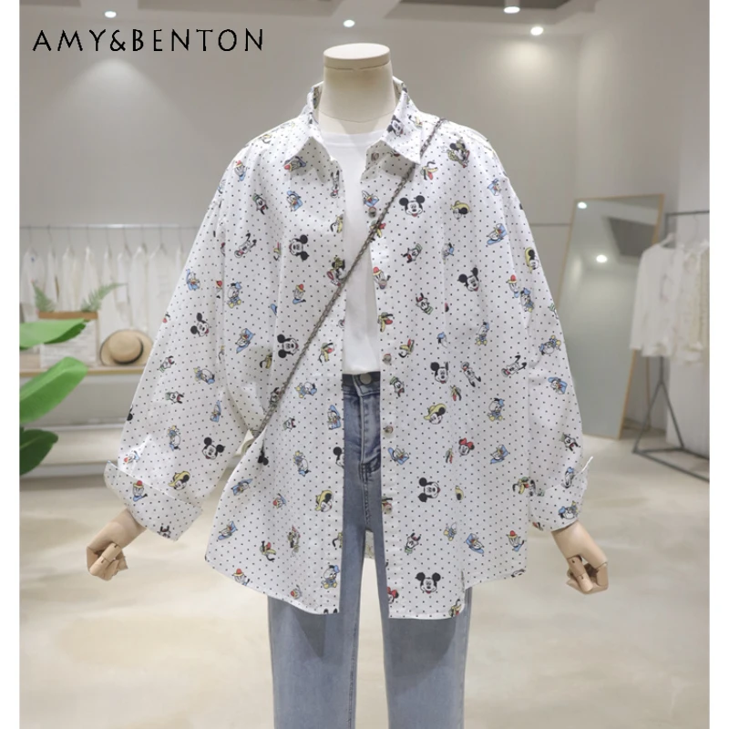 Full Body Polka Dot Age-reducing Cartoon Single-breasted Shirt New Autumn Loose Medium And Long Cotton Long-sleeved Blusas Women