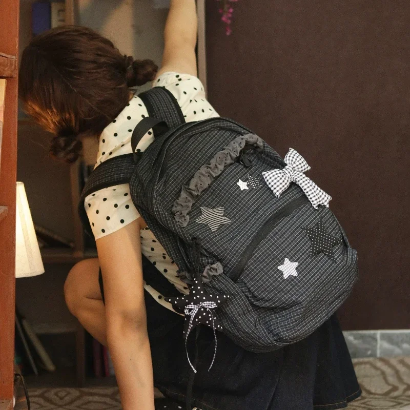 Original Japanese Y2K Subculture Backpack Star Plaid Splicing Large-capacity Fashion Bag Retro Harajuku Street Style Casual Bag