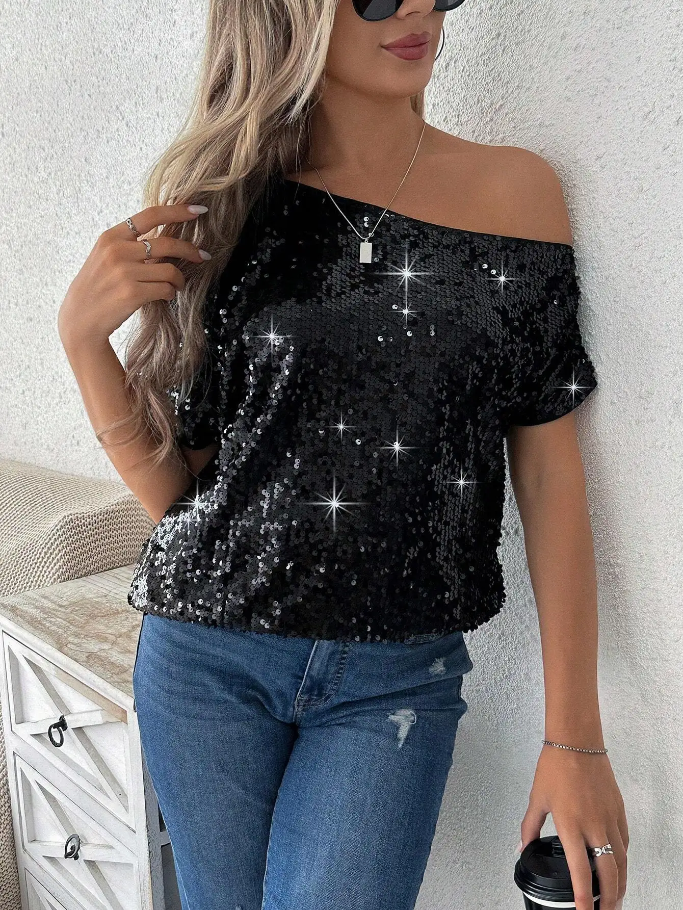 Women\'s Glitter Asymmetrical Neck Batwing Sleeve Black Sequin Blouse Sparkly Party Night Clothing