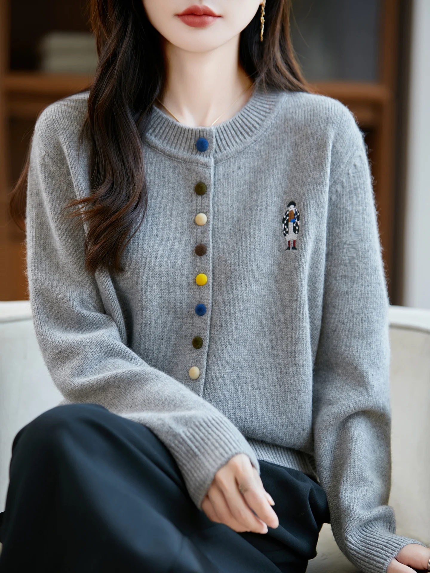 컬러풀 자수 니트 오픈 가디건 여성 캐주얼 긴팔 라운드넥 레저 스웨터 재킷 봄 가을 겨울 다용도