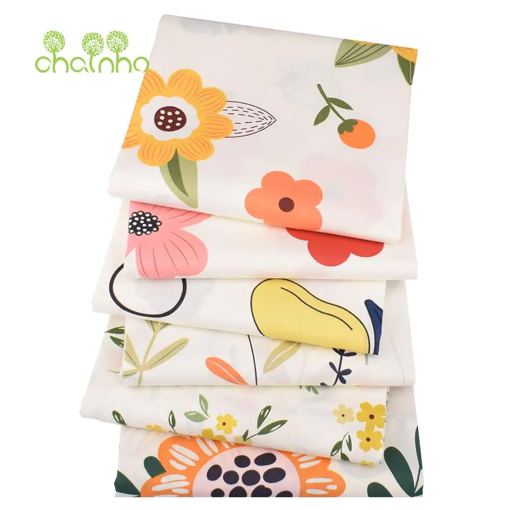 Chainho,Printed Twill Weave Cotton Fabric,Patchwork Cloth,DIY Sewing Quilting Material,Creamy Flowers And Fruits Series,QC054