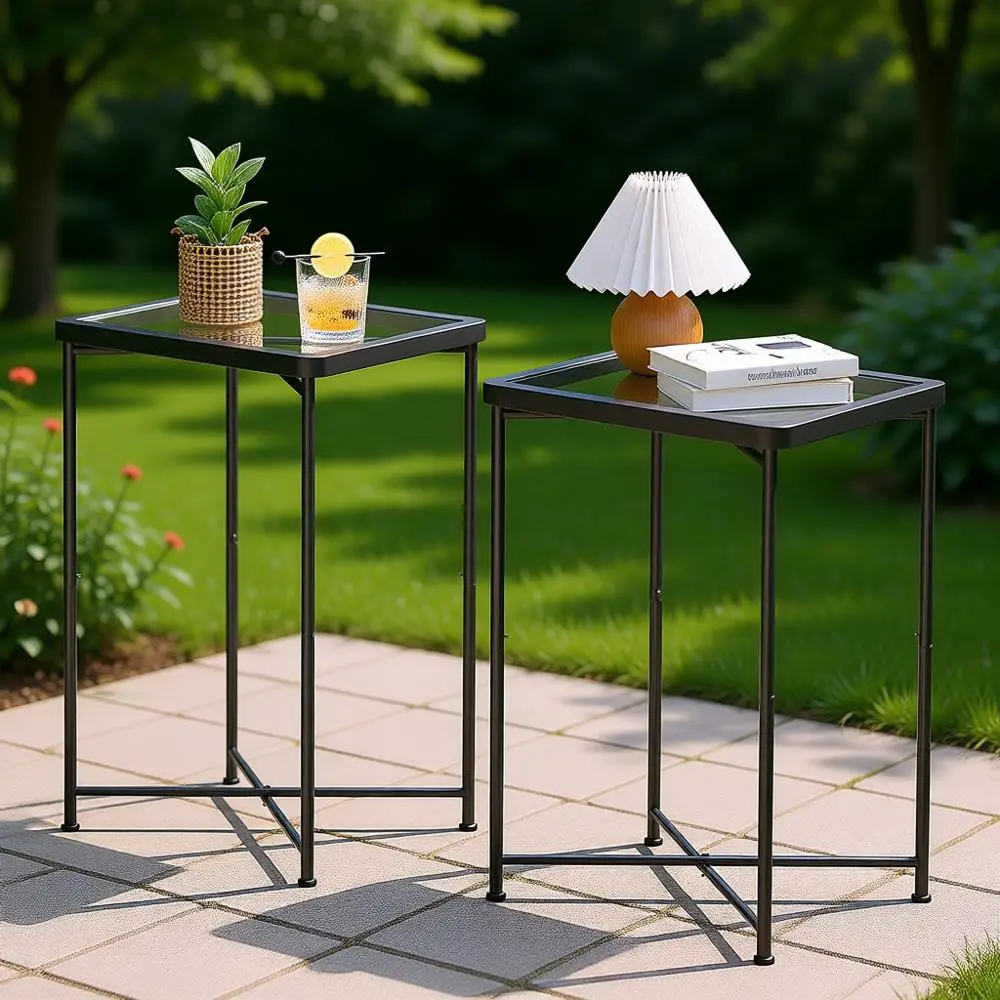 

Набор из 2 приставных столиков с стеклянными столешницами и черным металлическим каркасом для патио, гостиной, спальни, небольших помещений