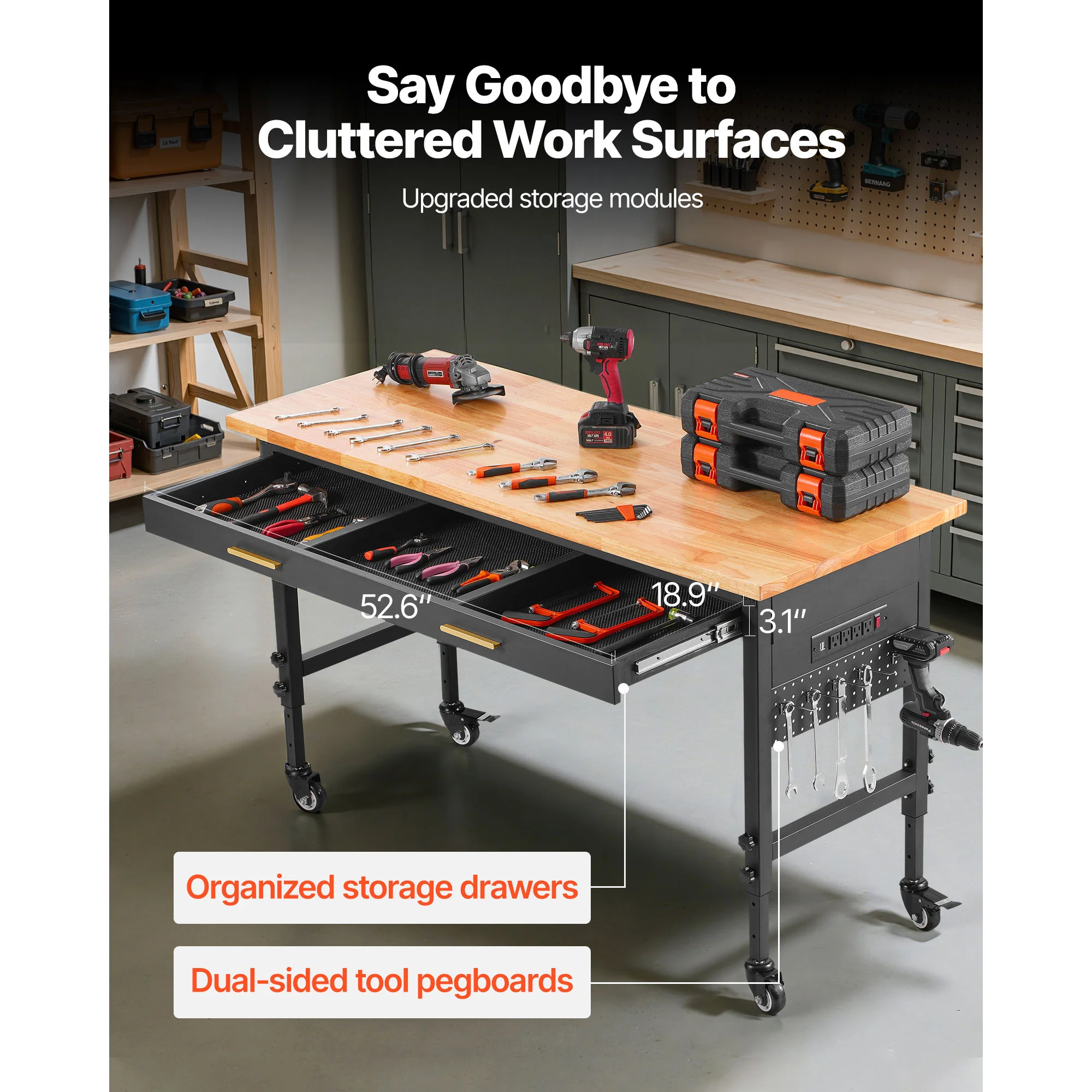 SucceBuy 1500 lbs Meja Kerja Garasi Dapat Disesuaikan dengan Laci & Papan Pasak Bangku Meja Kerja Atas Kayu Ek untuk Bengkel Kerja Kantor