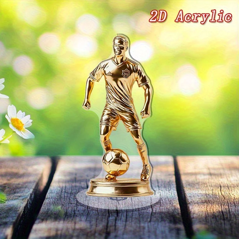2D Flat, Rotating Football Trophy Suitable for Office Desk Decor - Golden Soccer Player Award, Battery-Free Spinning Top for Tea