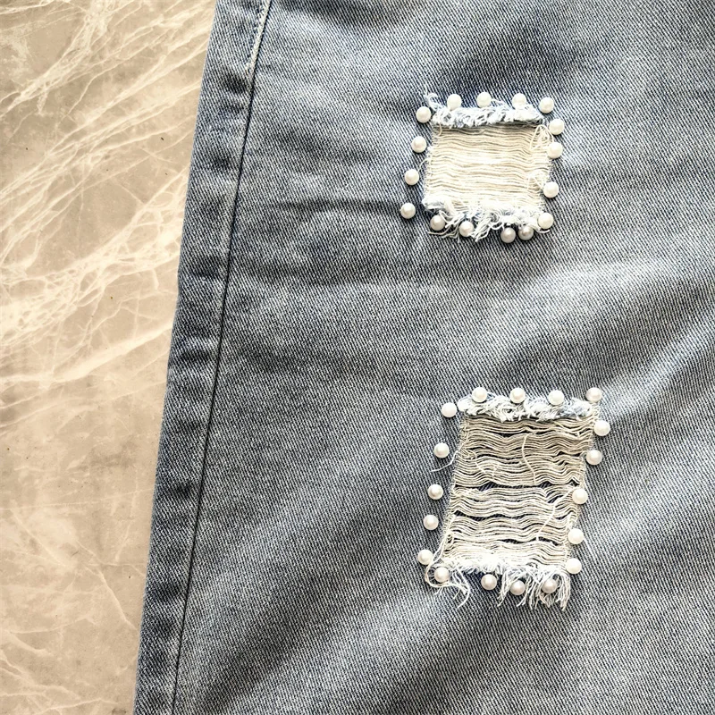 Pantaloncini di jeans Donna Industria pesante Mappa di bellezza Nappa Paillettes Perline Foro rotto Pantaloncini di jeans a cinque punti Pantaloni dritti estivi Y2K
