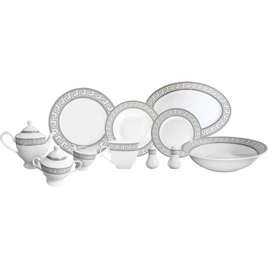 

Набор столовой посуды на 8, винтажный фарфоровый набор для посуды из 49 предметов — дизайн белого и серебристого греческого ключа — роскошная посуда — для Everyd