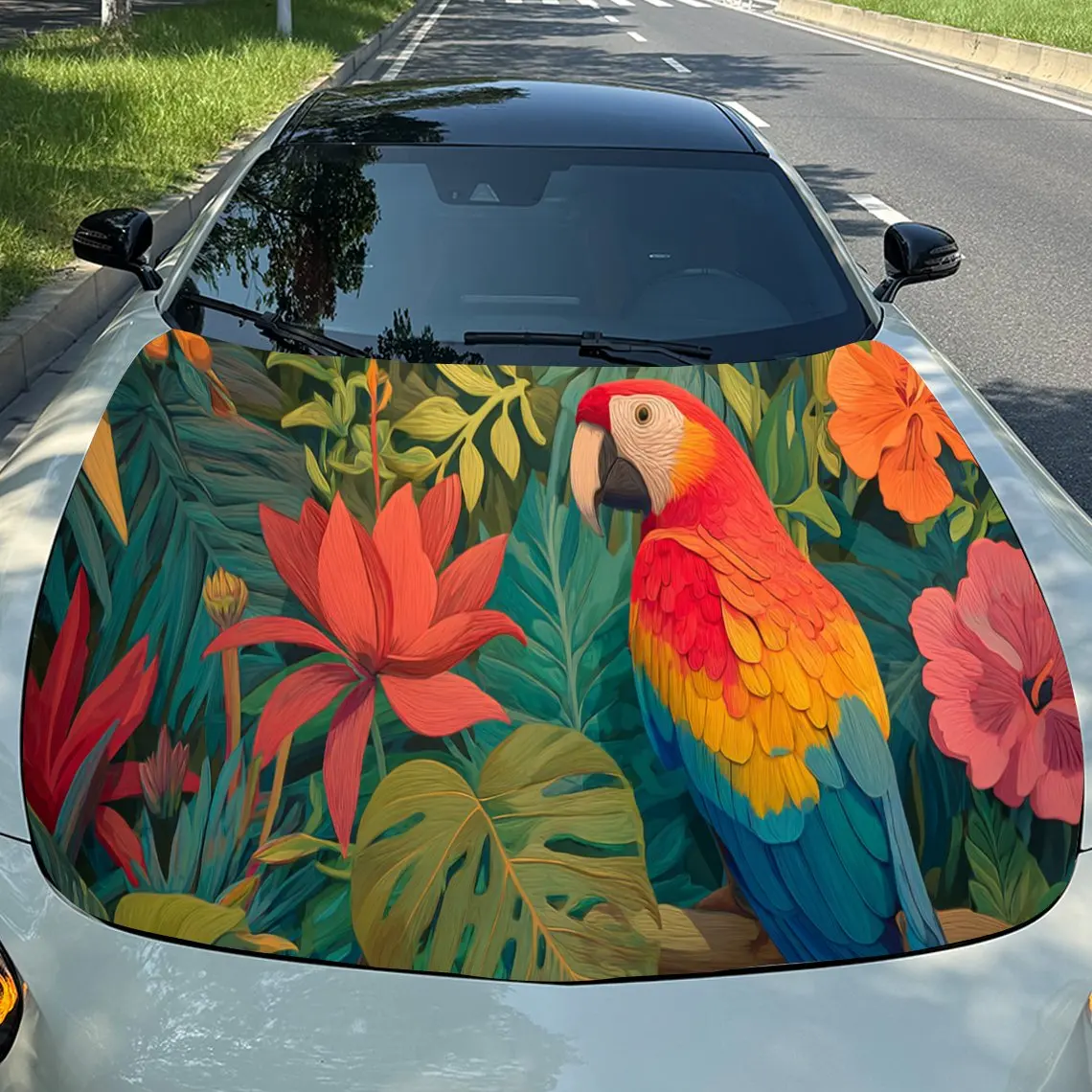 Colorful Tropical Parrot Car Hood Stickers - Self-Adhesive, Waterproof and Durable Vinyl Wrap, Decorate And Protect Your Car, Fi