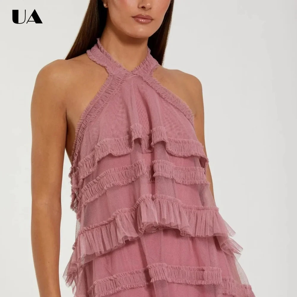 

ULBYANRY Customized Chiffon Halter Tiered Prom Dresses for Women, Sexy Backless Evening Dress, Fashionable Sleeveless Ball Gown