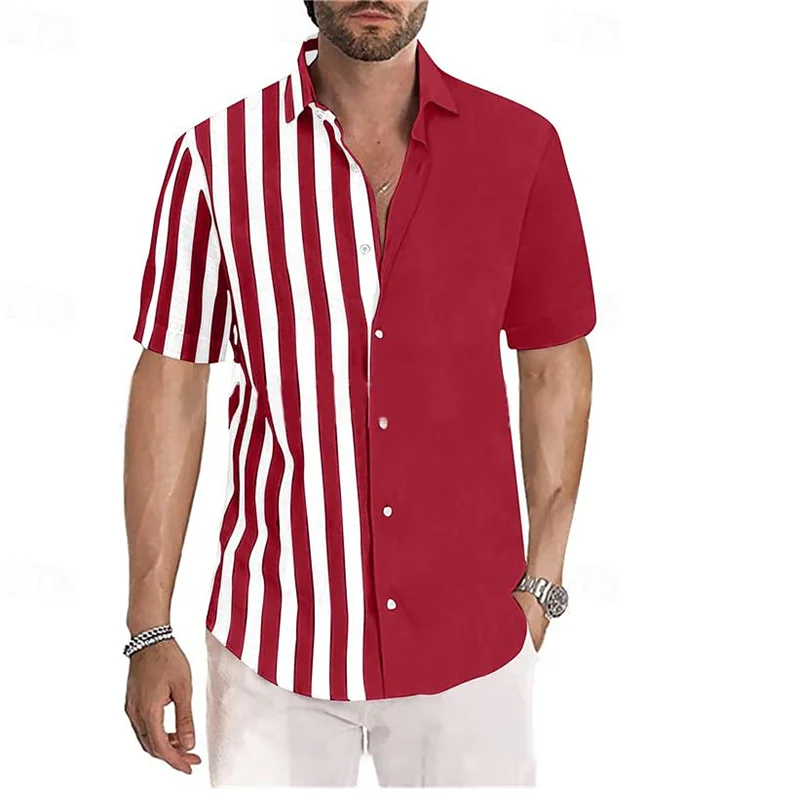 ﻿ Men's 2024 New Button Collar Multi color Striped Short sleeved Shirt Soft and Comfortable Spring/Summer Large Shirt XS-5XL