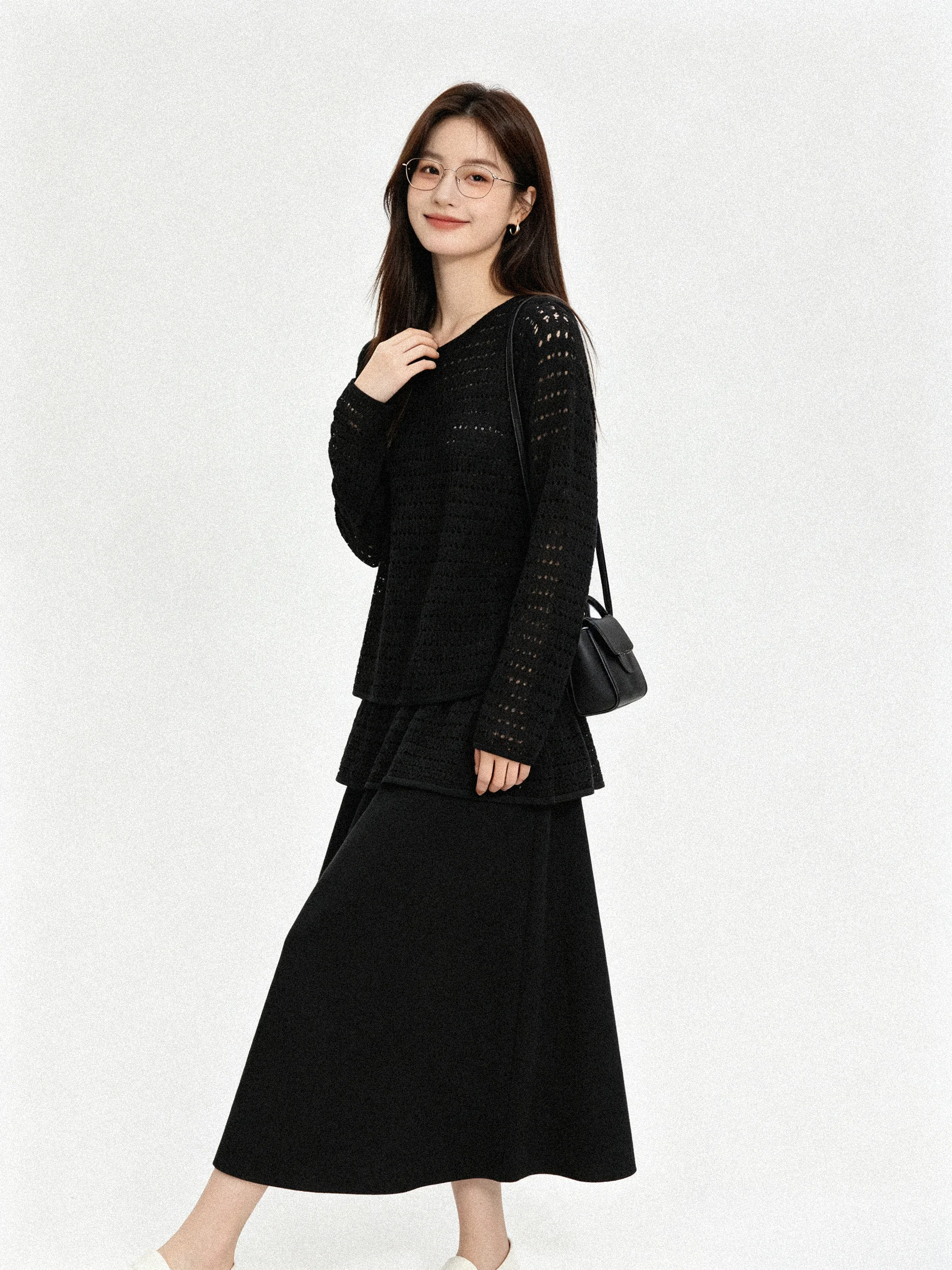 Korean Style Simple  Color Hollow Knitted Skirt Set Slimming Hip Covering Fake Two-Piece Gentle Wind Two-Piece Set Autum...
