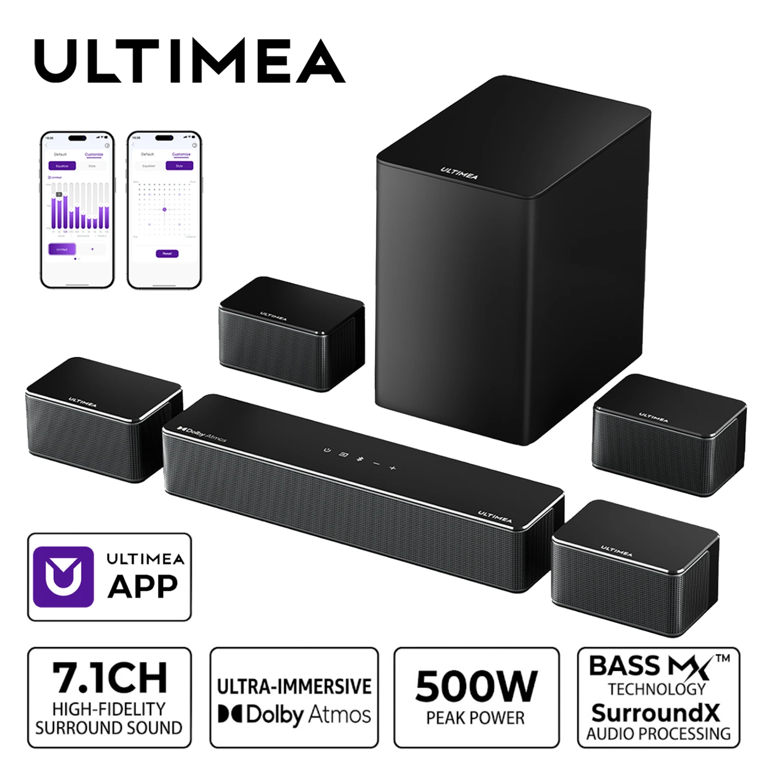 ULTIMEA Poseidon D80 Boom 7.1-Kanal Dolby Atmos Soundbar Surround Sound, Kabelloser Subwoofer & 4 Surround-Lautsprecher, BassMX-Technologie