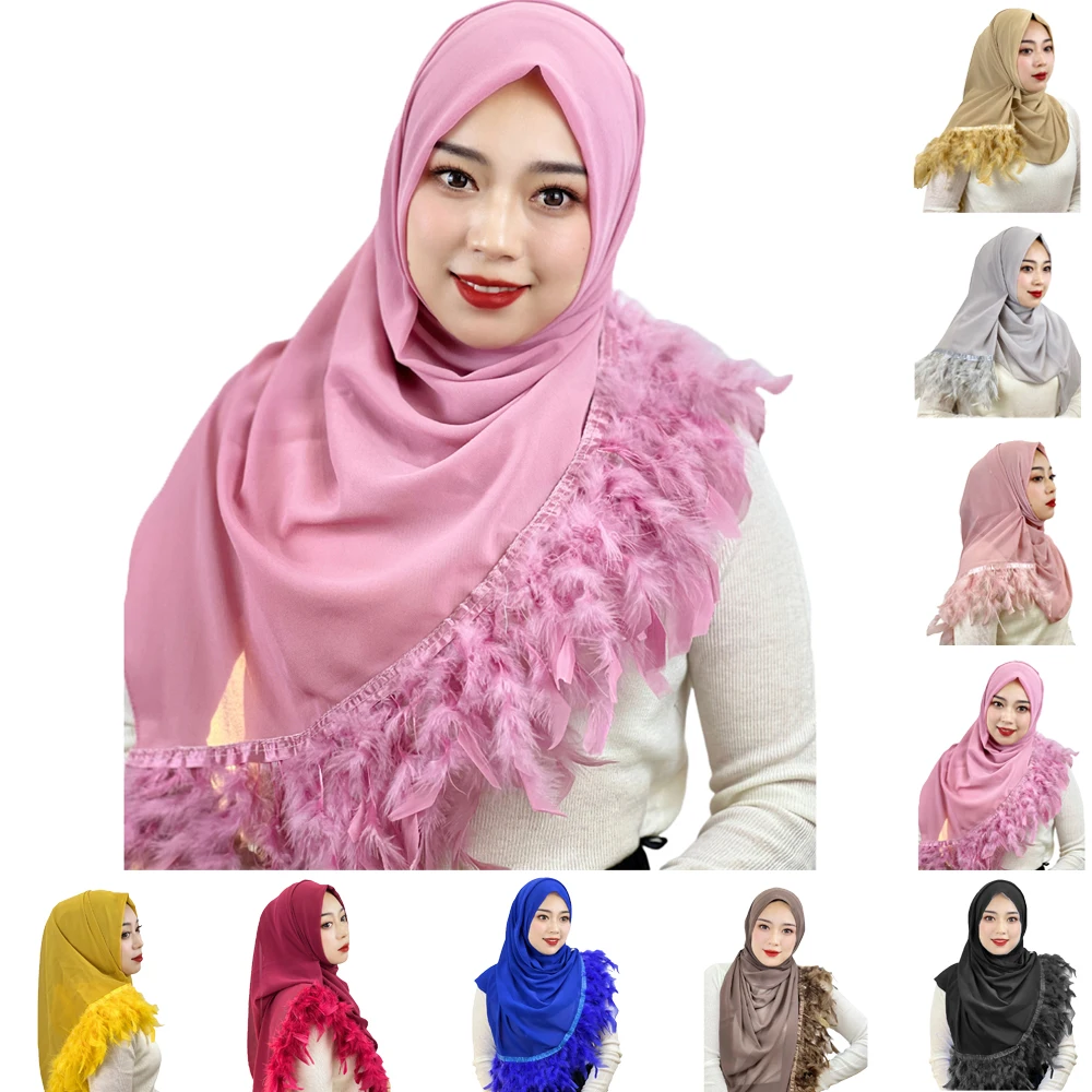 

2024 New Plain Chiffon Hijab Women Scarves Handmade Feather Fashion Shawl Headwear Wrap Headscarf Scarf Foulard Scarf 180x74cm