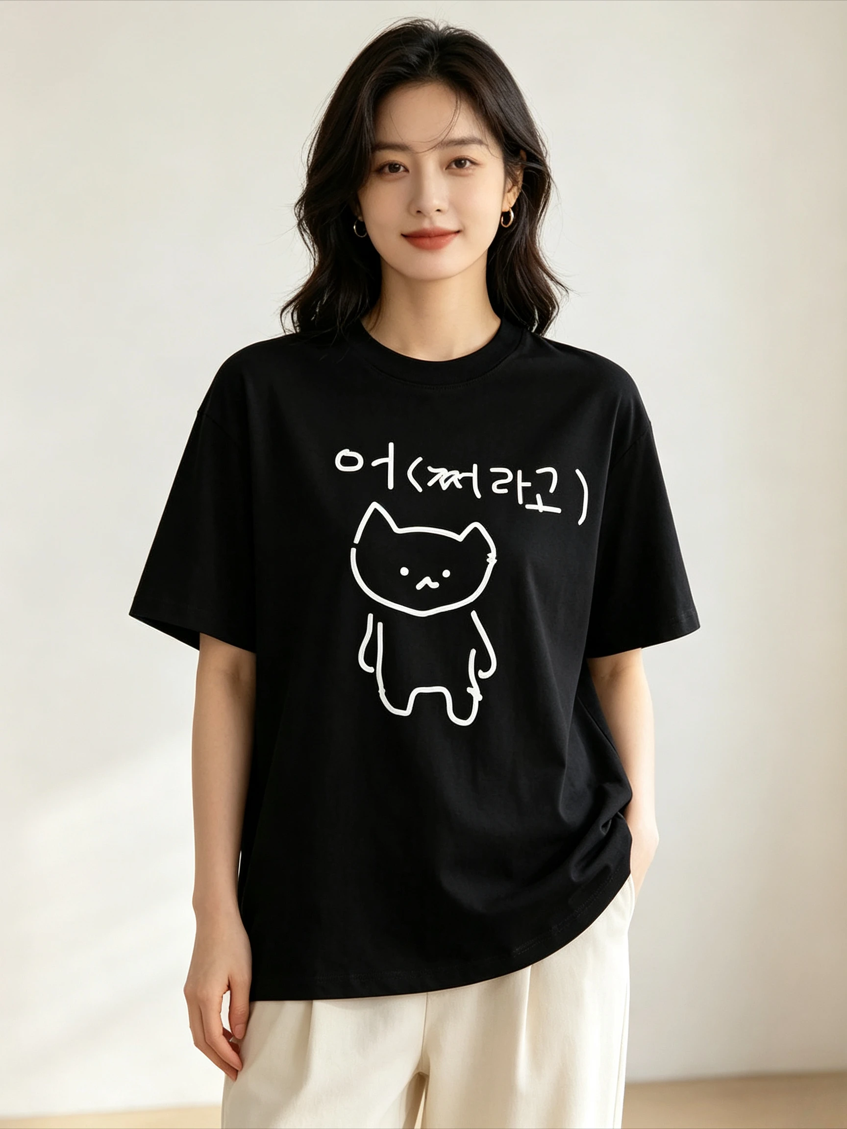 Korean Annoyed Cat Go Away Short Sleeve Printed T-shirt Top Cute Line Art Cat Meme Graphic Casual Summer Clothing Fashion Women