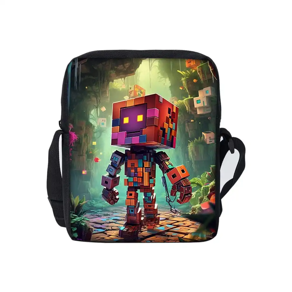 Building Block Pattern Single Sided Messenger Bag for Boy/Girls Children Best Gifts 2D Flat Cartoon Casual Crossbody Bag