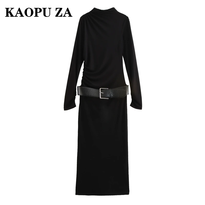 

KAOPU ZA 2024 New Autumn Woman Casual Half high Collar Long Sleeve Dress Maxi Skirt Female Vintage Solid Color belt Ruffles Top