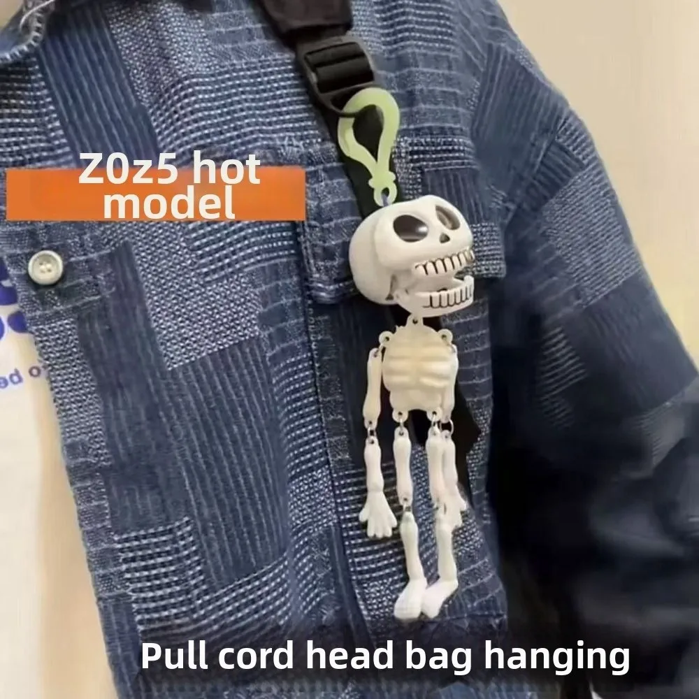 Funny White Spooky Pull String Skull Head Keyring Plastic Gifts Horror Skeleton Charm Skull Keychain Bags Charms Accessories