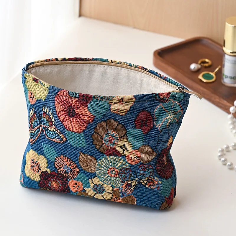 Women's Makeup Bag, Blue Bouquet, Large Capacity Sanitary Napkin, Touch-up, Makeup Supplies, Canvas Storage Bag, Toiletry Bag
