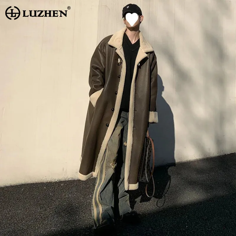 LUZHEN Lamb Wool Coats New Fashionable Warm Men's Winter Thickened Versatile Faux Leather Patchwork Design Original Tops LZ7491