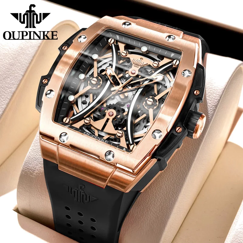 

OUPINKE 3215 Men's Watches Top Luxury Skeleton Automatic Mechanical Wristwatch for Men Fashion Tonneau Silicone Strap Men Watch