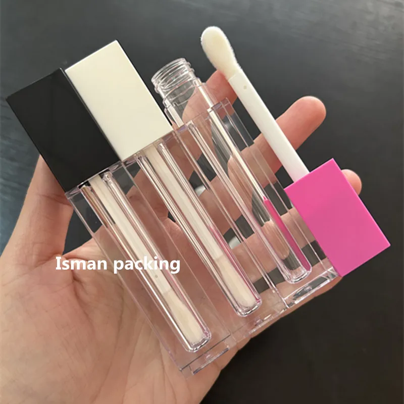 

40pcs empty transparent square portable hot pink white black top lip gloss bottle clear container tubes with big wand brush 5ml