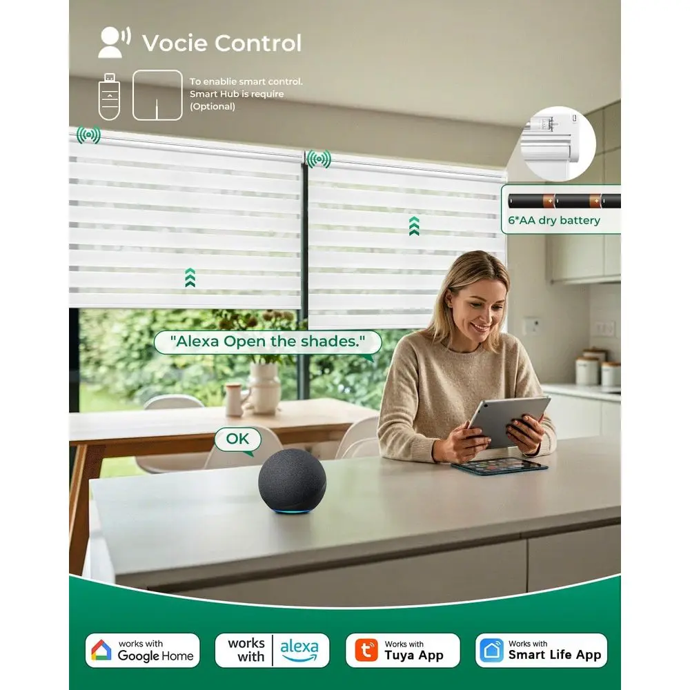 Wireless Dual-Layer Electric Zebra Blinds, Battery-Operated, Light Filtering, White, 27x72