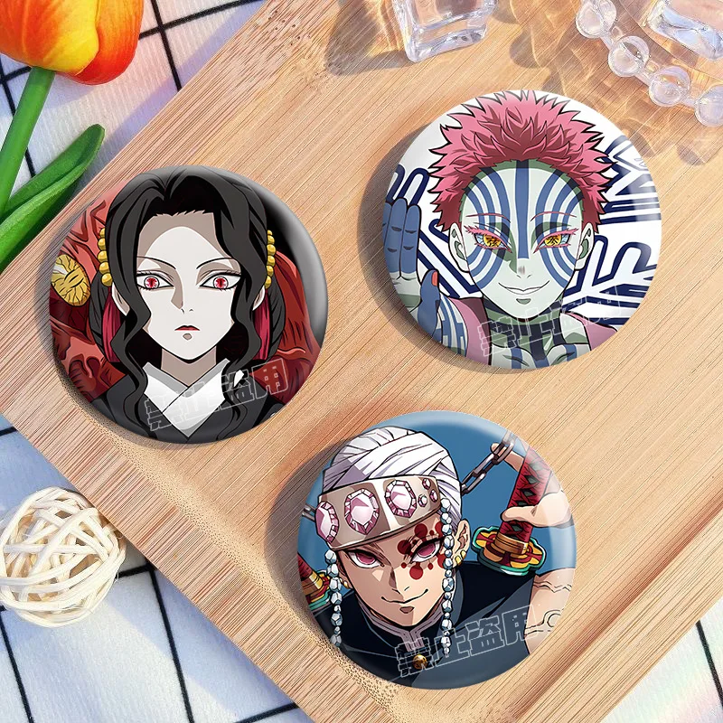 58mm Anime Demon Slayer Metal Badge Pin Akaza Kibutsuji Muzan Agatsuma Zenitsu Kamado Nezuko Brooches for Backpack Clothes