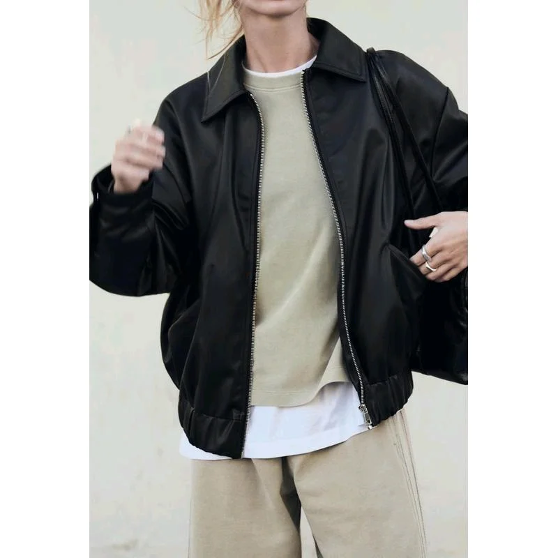 春の新作 レディース ルーズフィット 人工皮革 PU フェイクレザー ジャケット コート ロング丈 ジップアップ 通勤 スタイリッシュ レギュラーフィット