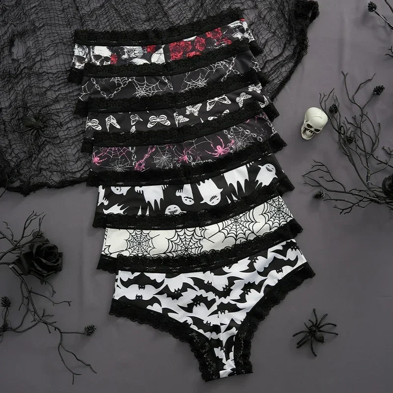 3pcs Underwear Women\'s Sexy Lace Rose Print Edge Dark Gothic Style Skull Personalized Comfortable Breathable Triangle Pants