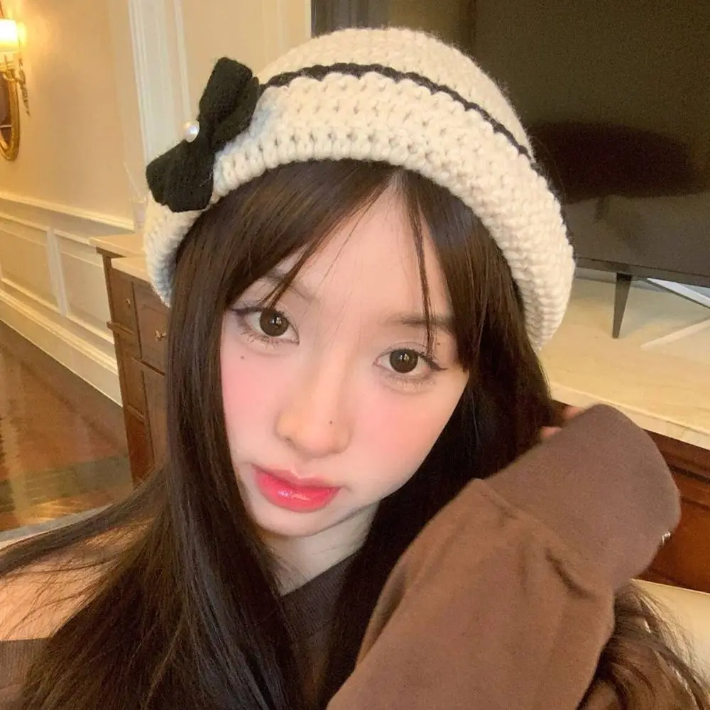 

Fashion Korean Style Crochet Flower Knitted Hat Hollow Out Cute Flower Weave Cap Handmade Warm Bowknot Beanies Hat Girls