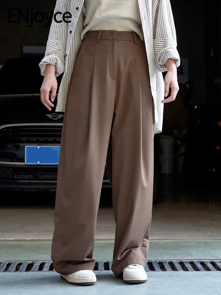 

Spring Summer Women Vintage Brown Wide Leg Suit Pants with Adjustable High Waist Ladies Loose Long Straight Trousers Workwear