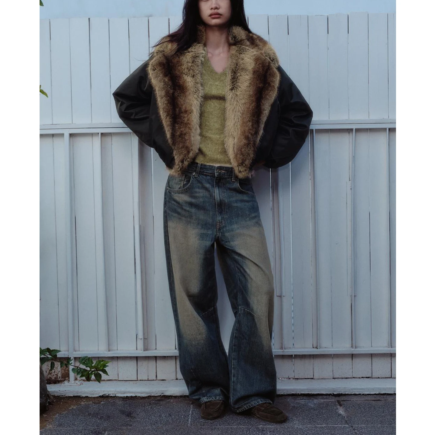 شتاء جديد المرأة الطيارين Jaet معطف طويل Sve فو الفراء تأثير بدوره إلى أسفل طوق ort عادية Sle ألياف البوليستر 00%