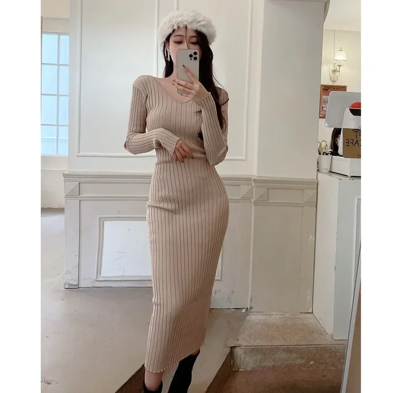 

Spring Women Knitted Dress Winter Elastic Slim Fit Sexy V-neck Bodycon Dress Korean Fashion Long Dresses For Women Y2k