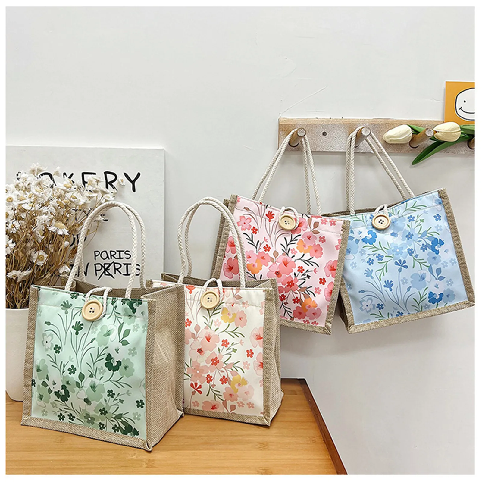 Linen Button Vintage Handbag Women Tote Large Capacity Grocery Bag Gift Bag Beach Organizer Portable Shopping Lunch Bag Retro