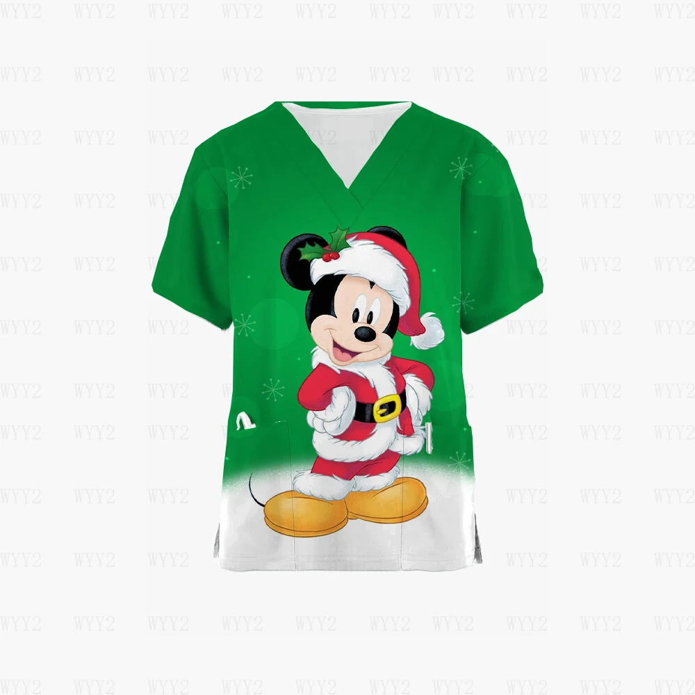 Summer women's 2024 short-sleeved V-neck nurse uniform top Christmas Disney Mickey practical pocket durable doctor work uniform