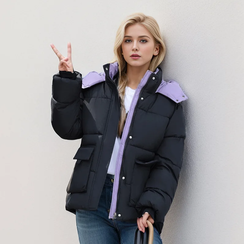 2024 Winter Women Hooded Parkas Thickened Warm Down Cotton Bread Jacket Fashion Color-Blocked Large Pocket Casual Cropped Coat