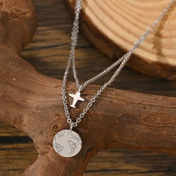 Personality Earth Airplane Double-layer Pendant Necklace Women Fashion Travel Jewelry Accessories Couple Friend Souvenir Gift
