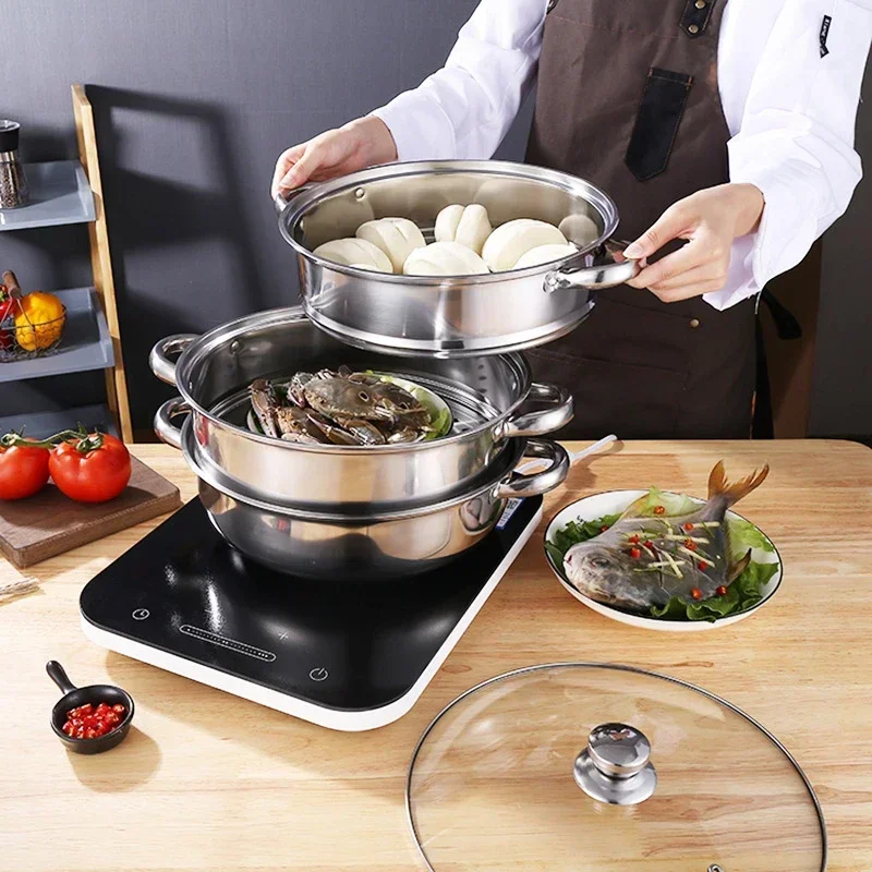 

New 304 Stainless Steel Steamer 2/3 Layer Thicken Steamer Pot Soup Boiler Hot Pot Kitchen Cookware Factory Wholesale Hot