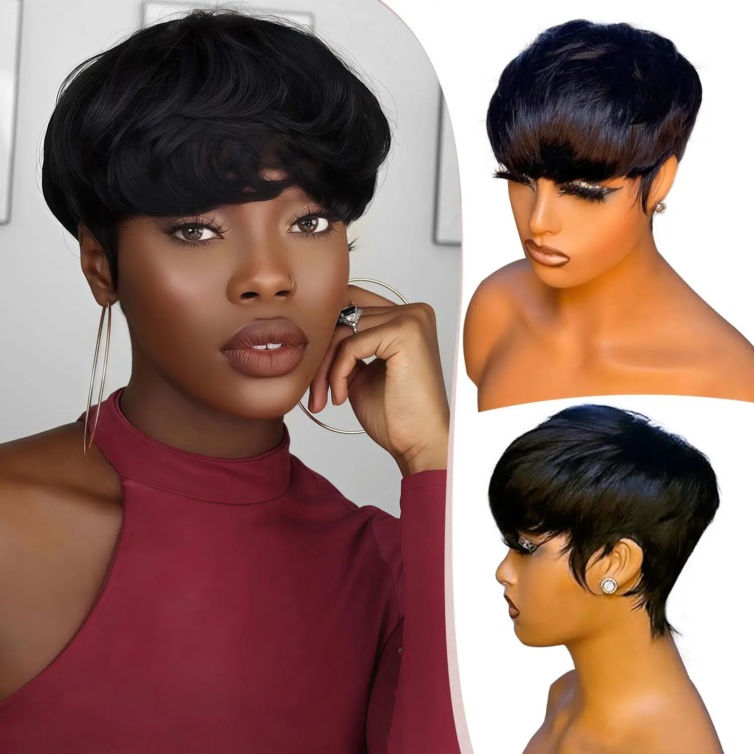 

Розовый парик-пикси из натуральных волос, парик-пикси с челкой для женщин, короткий парик из натуральных волос без клея