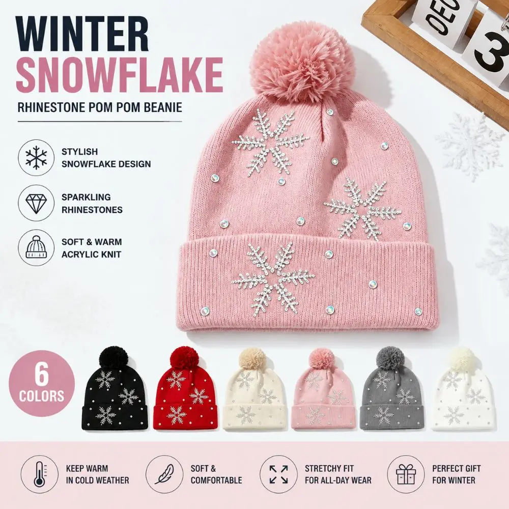 Fashion Thickened Knitted Hat Snowflake Rhinestone Elastic Beanie Hat Keep Warm Pullover Hat Women