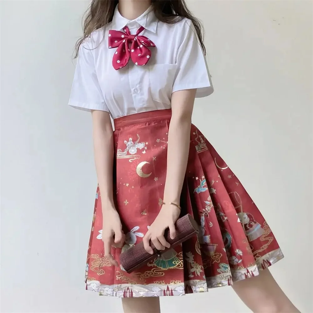 Chinese traditional hanfu clothing vintage JK suit printing folk dance Skirt gold stamping improved hanfu Horse face short skirt