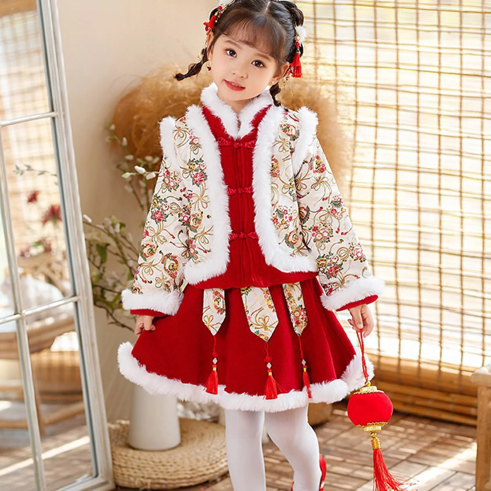 Toddler Baby Dresses For Chinese New Year Fleece Lined Warm Dresses Tang Suit With Bag Performance Costumes Girl Cat Dress