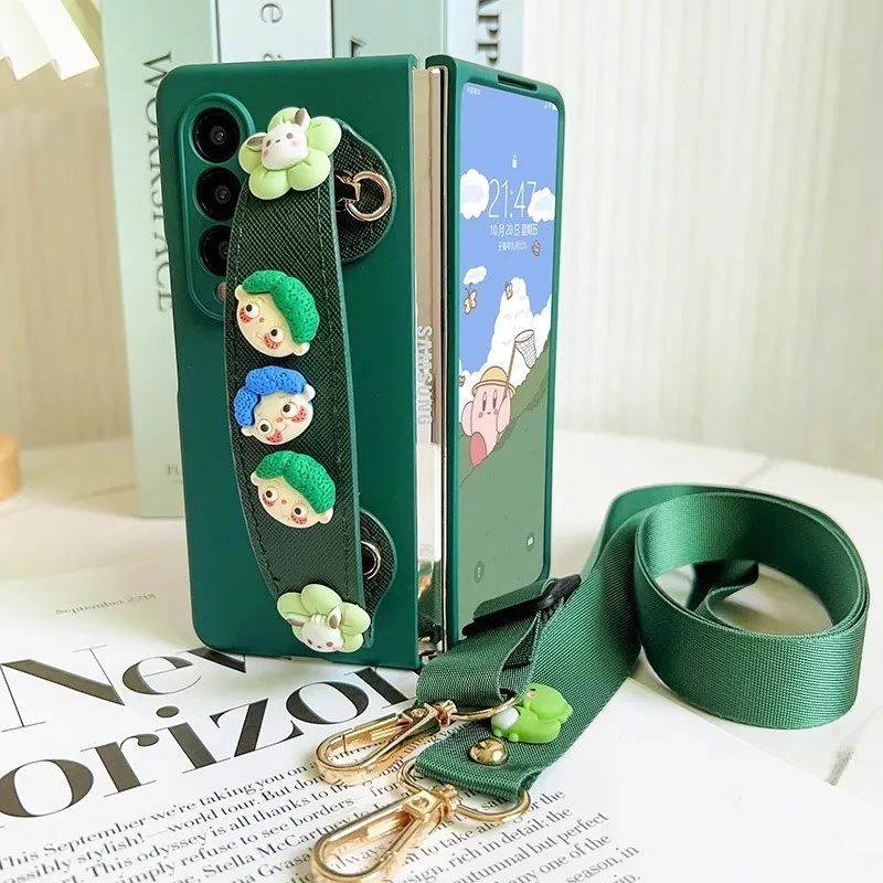 Cute Cartoon Flower WristBand Holder Green Matte Case Cover With Crossbody Long Strap For Samsung Galaxy Z Fold 7 6 5 4 3 2 5G