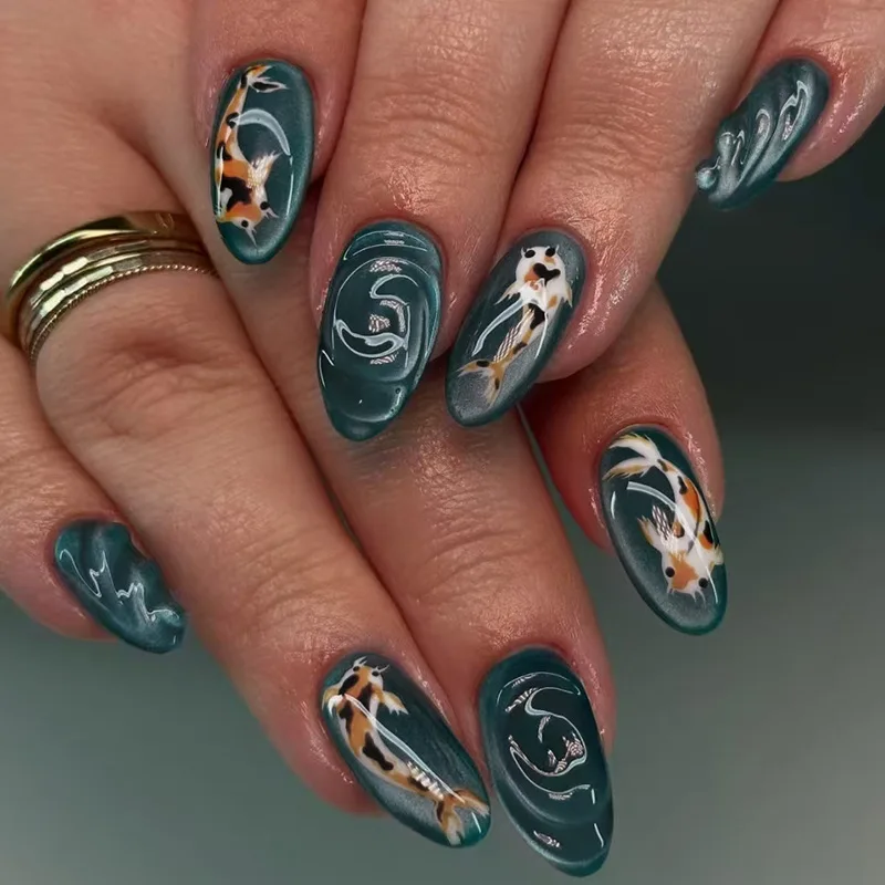 

24PCS 3D Cat-Eye Press-On Nails – Medium-Long Almond Shape With Oceanic Fish Motifs & Iridescent Foil Coverage Nail Art Kit