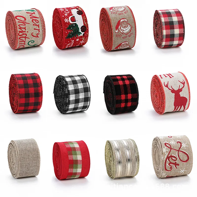 3.8/5/6.3cm Imitation Hemp Ribbon Christmas Ribbons DIY Bowknot Tree Gift Decoration Wired Edge Linen Lattice Ribbon