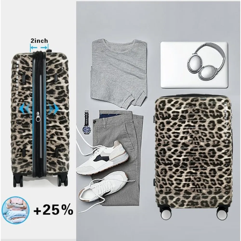 Erweiterbares Hardshell-PC+ABS-Gepäckset – 6-teiliges Leopardenmuster mit Spinnerrädern, TSA-Schloss, leichter Rollkoffer für