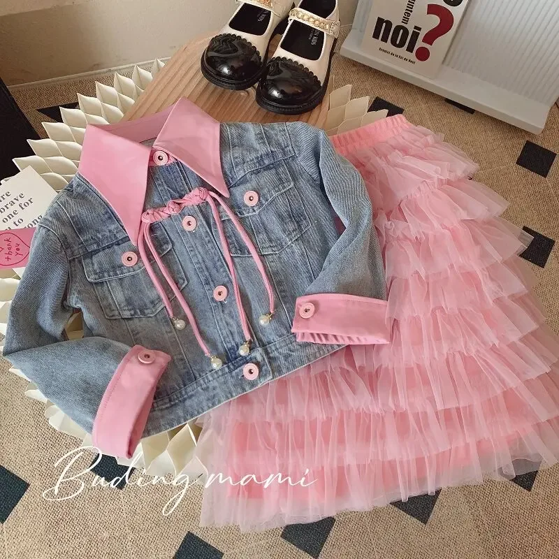 Kinder-Jeansjacke & Netzrock-Set – 2-teiliges Freizeitoutfit für Mädchen, Frühling/Herbst, trendige Schulkleidung – Detail 2